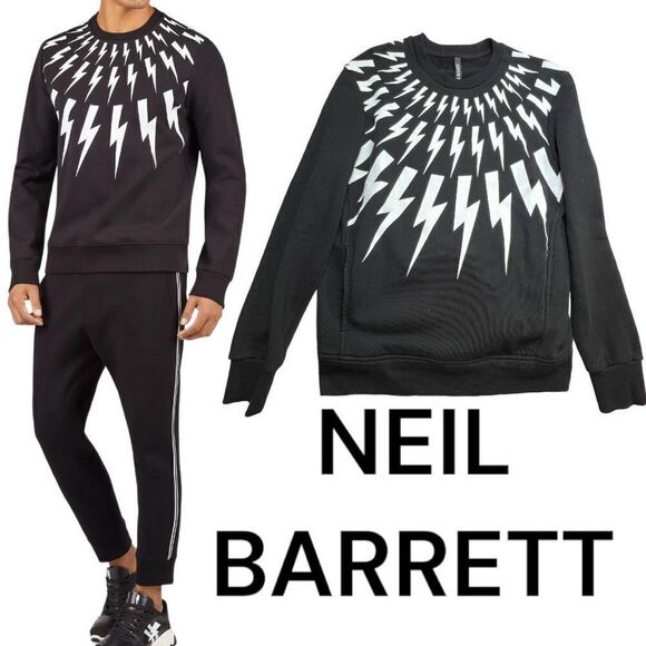 NEIL BARRETT Fair-Isle Thunderbolt Sweatshirt Slim Fit Regular Length XS BLACK - Picture 1 of 10